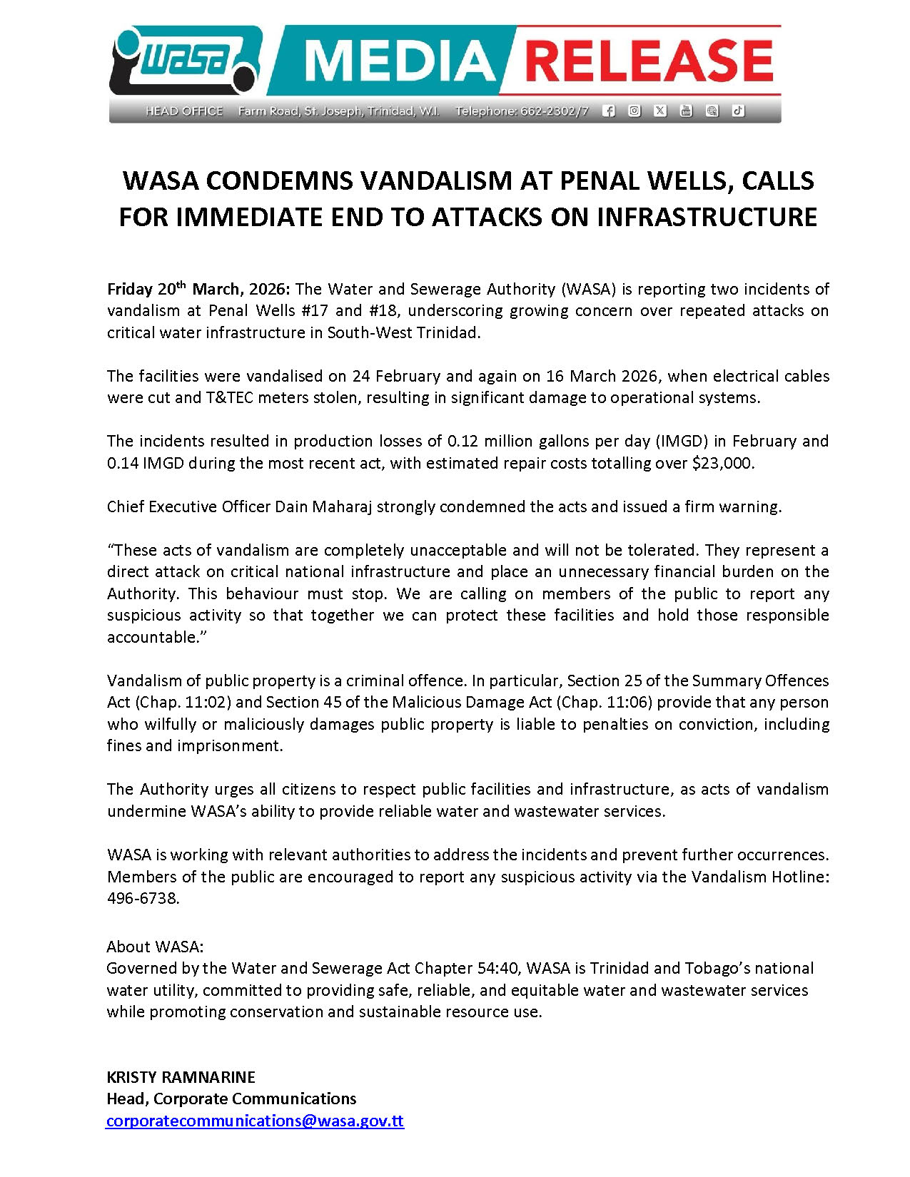 WASA Condemns Vandalism at Penal Wells